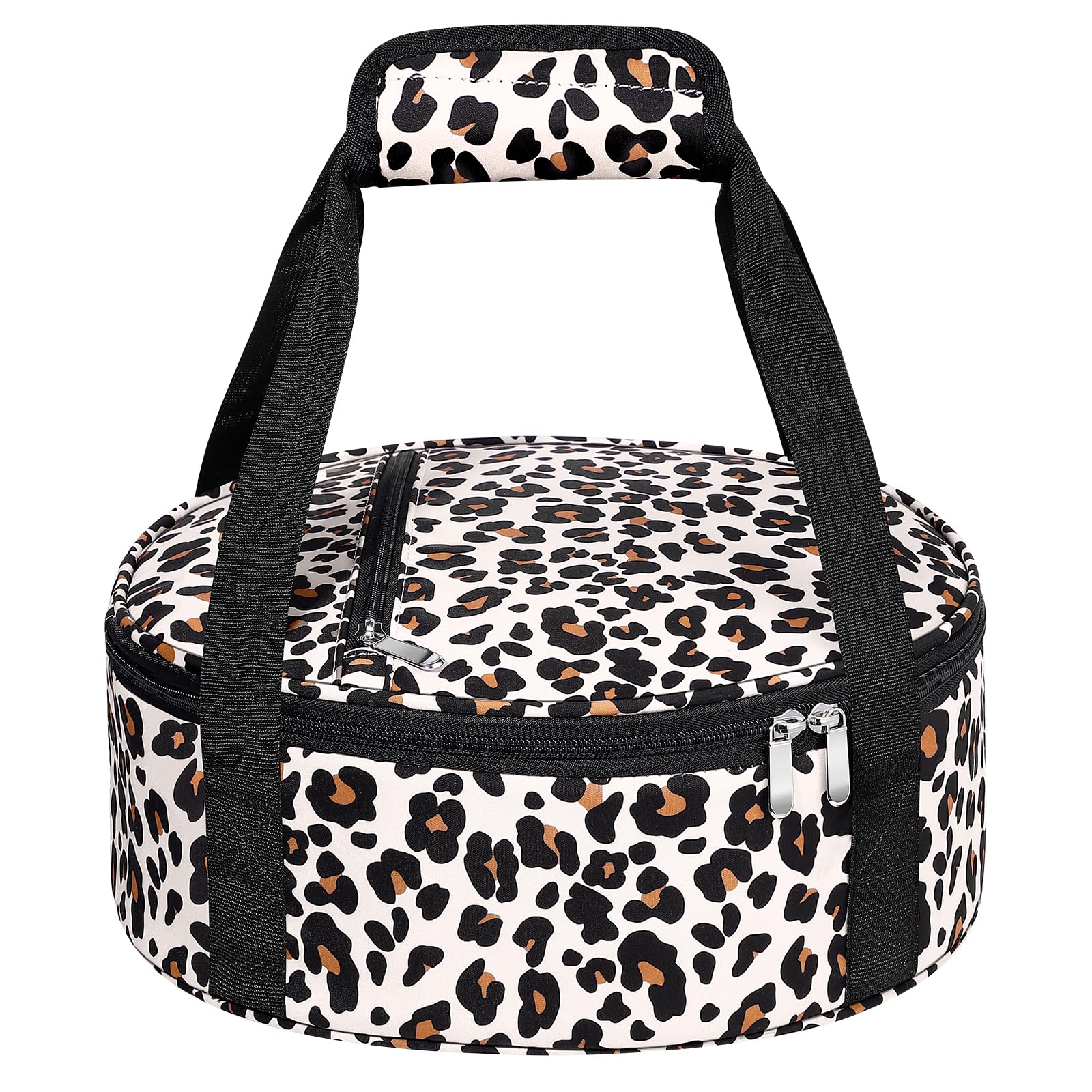 MIAOJIE leopard round insulated casserole carrier open to reveal pie rack ideal for pies.