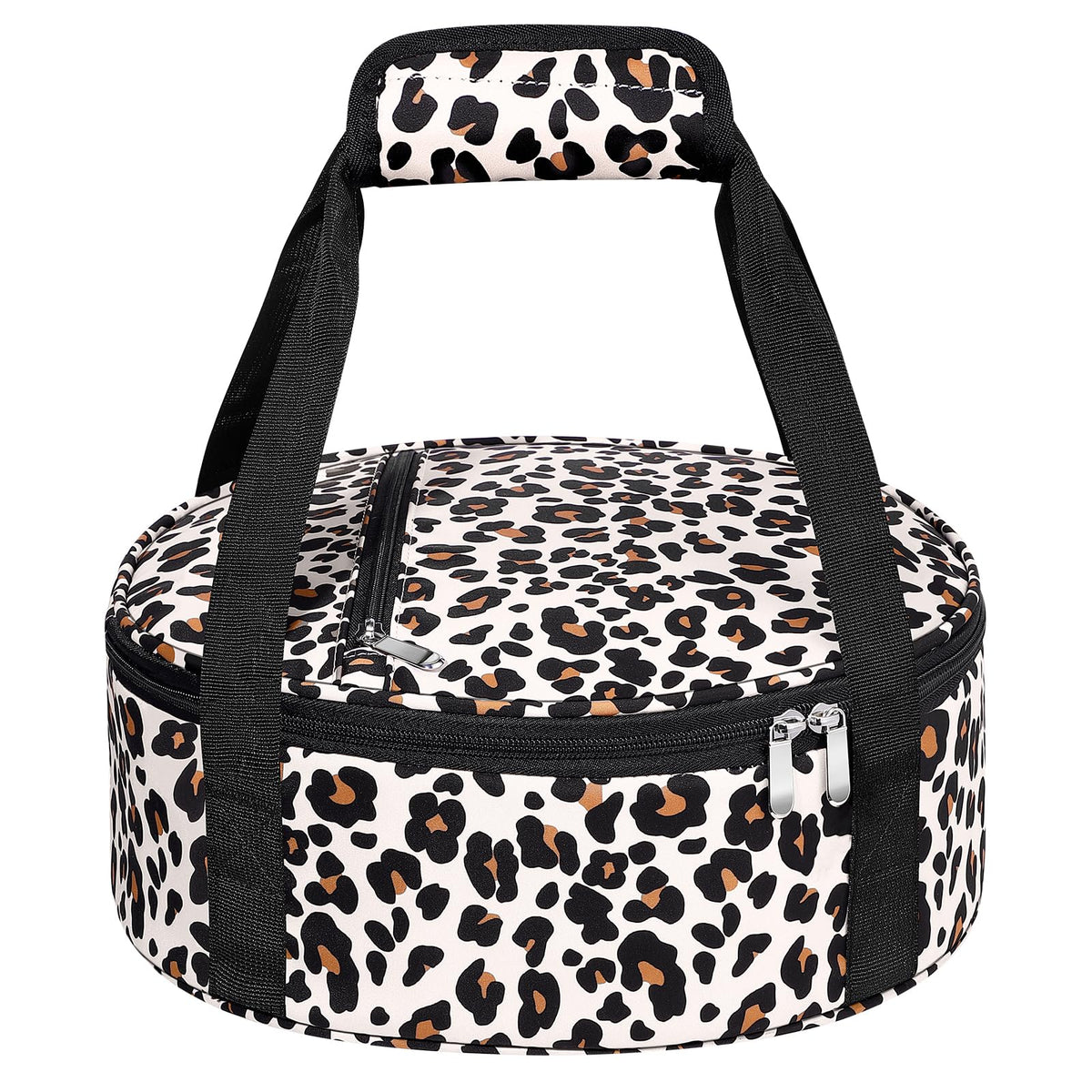 MIAOJIE leopard round insulated casserole carrier open to reveal pie rack ideal for pies.