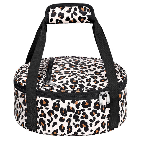 MIAOJIE leopard round insulated casserole carrier open to reveal pie rack ideal for pies.