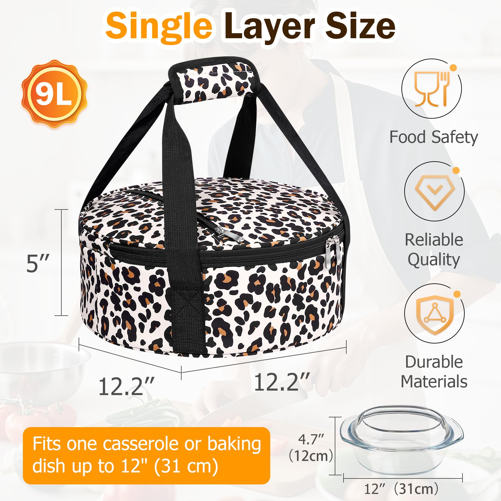 MIAOJIE leopard round insulated casserole carrier outdoors for picnic transport of hot or cold meals.