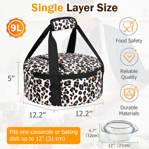 MIAOJIE leopard round insulated casserole carrier outdoors for picnic transport of hot or cold meals.