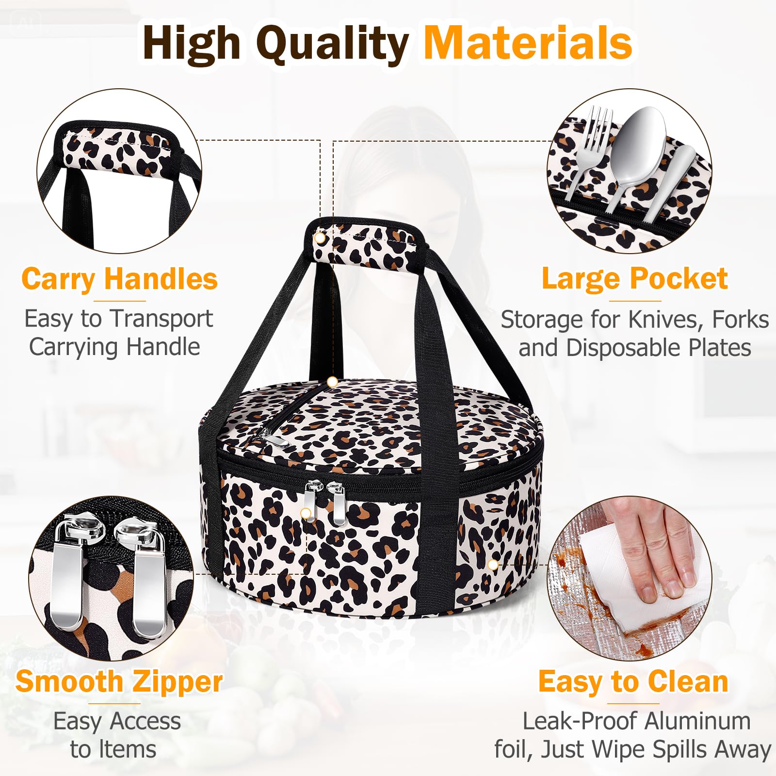 MIAOJIE leopard round insulated casserole carrier with pie rack in compact single layer setup.