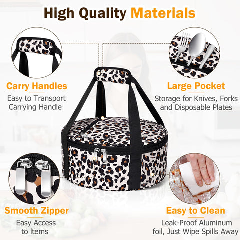 MIAOJIE leopard round insulated casserole carrier with pie rack in compact single layer setup.