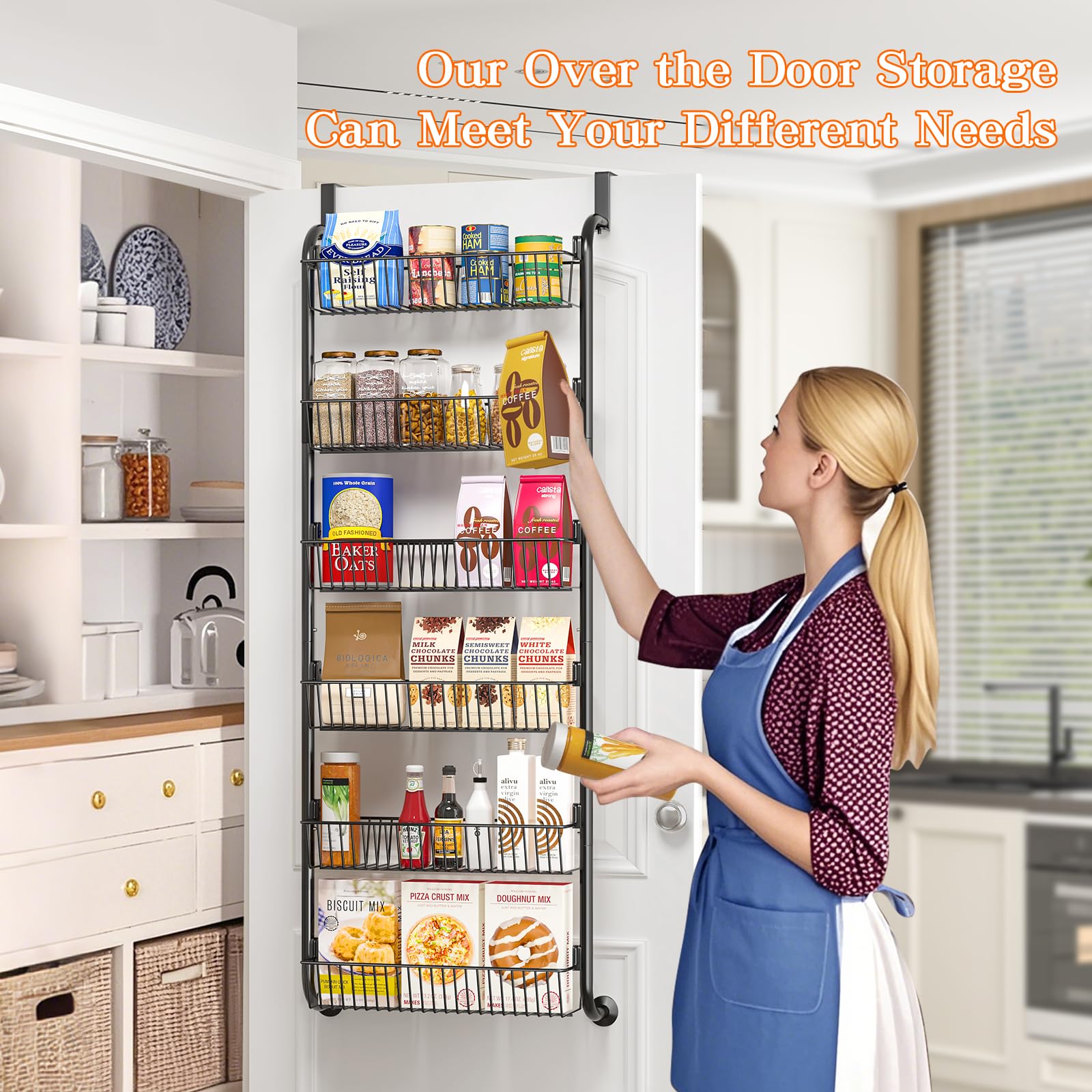 MIAOLI 6-tier spice rack on door offering abundant space for jars and bottles.