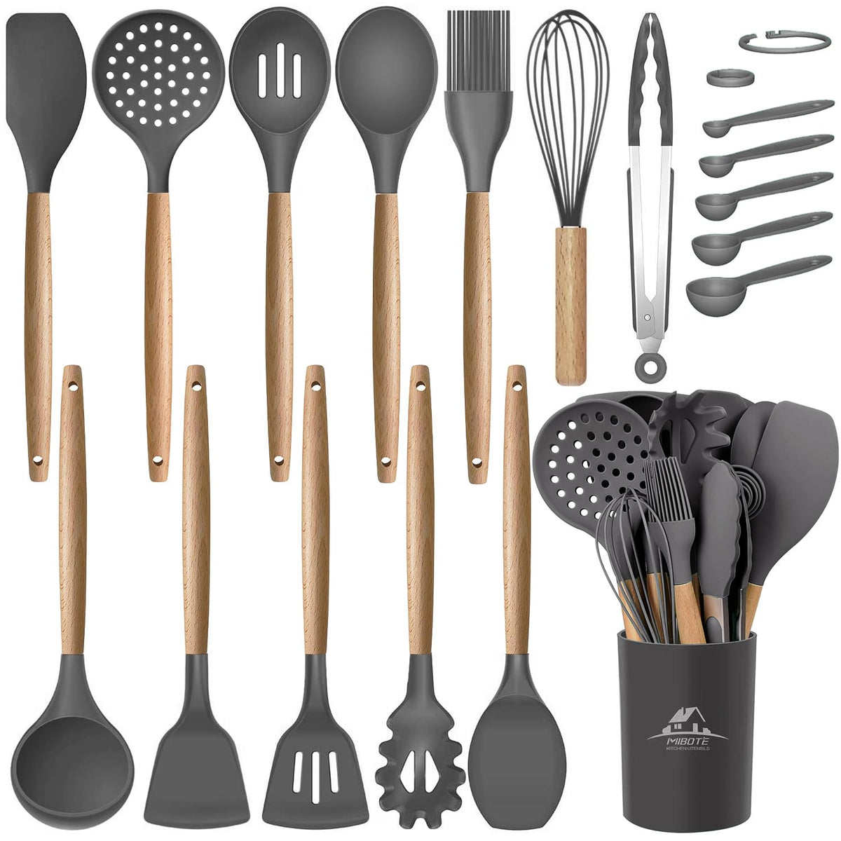 MIBOTE silicone utensils set with grey holder, organized for easy cooking.
