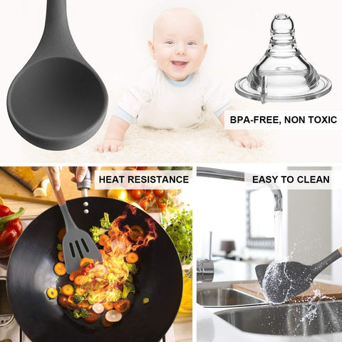 MIBOTE wooden-handle utensils grey, durable grip with rust resistance.