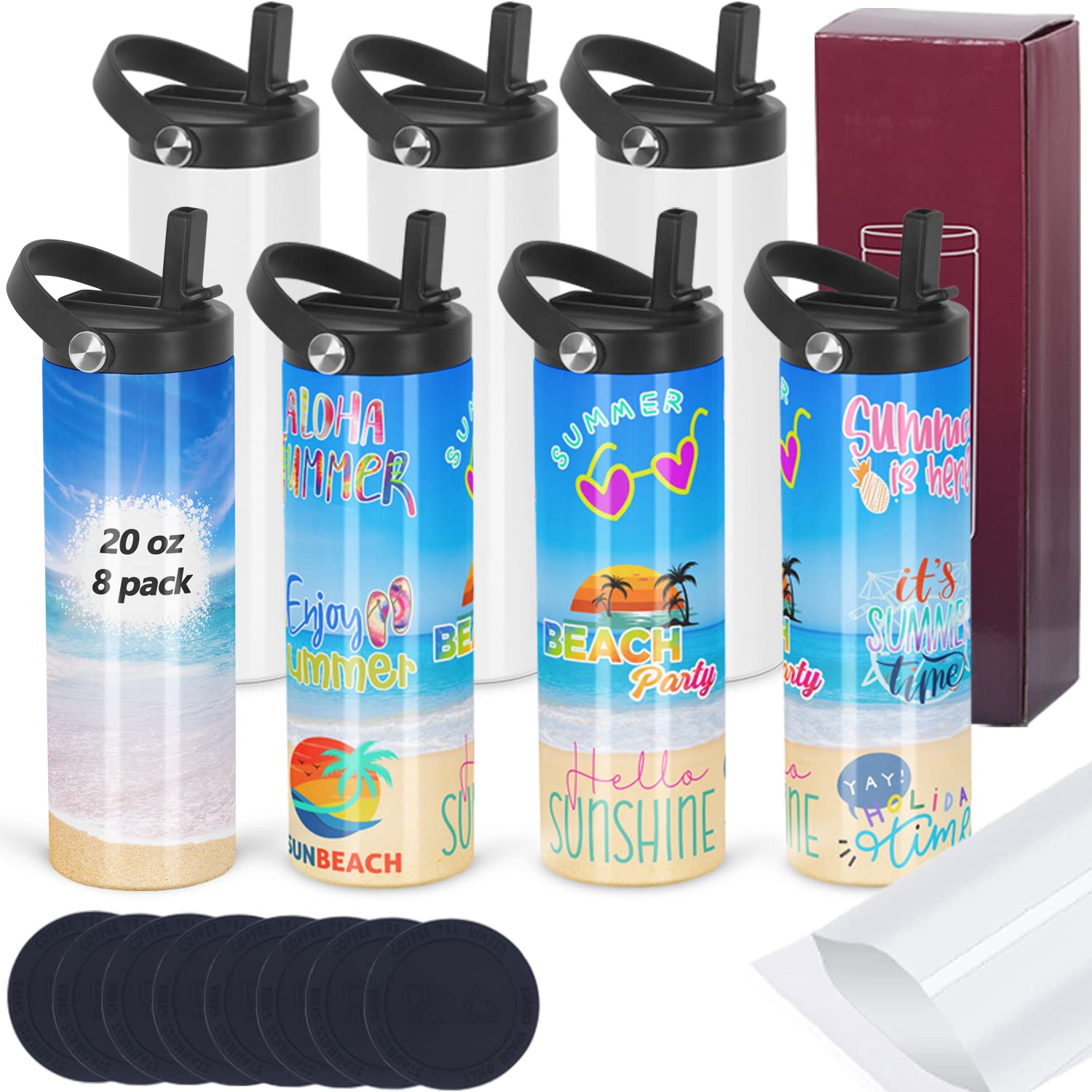 Micellwuu 8-pack 20oz sublimation tumblers set with vibrant coating for custom art.