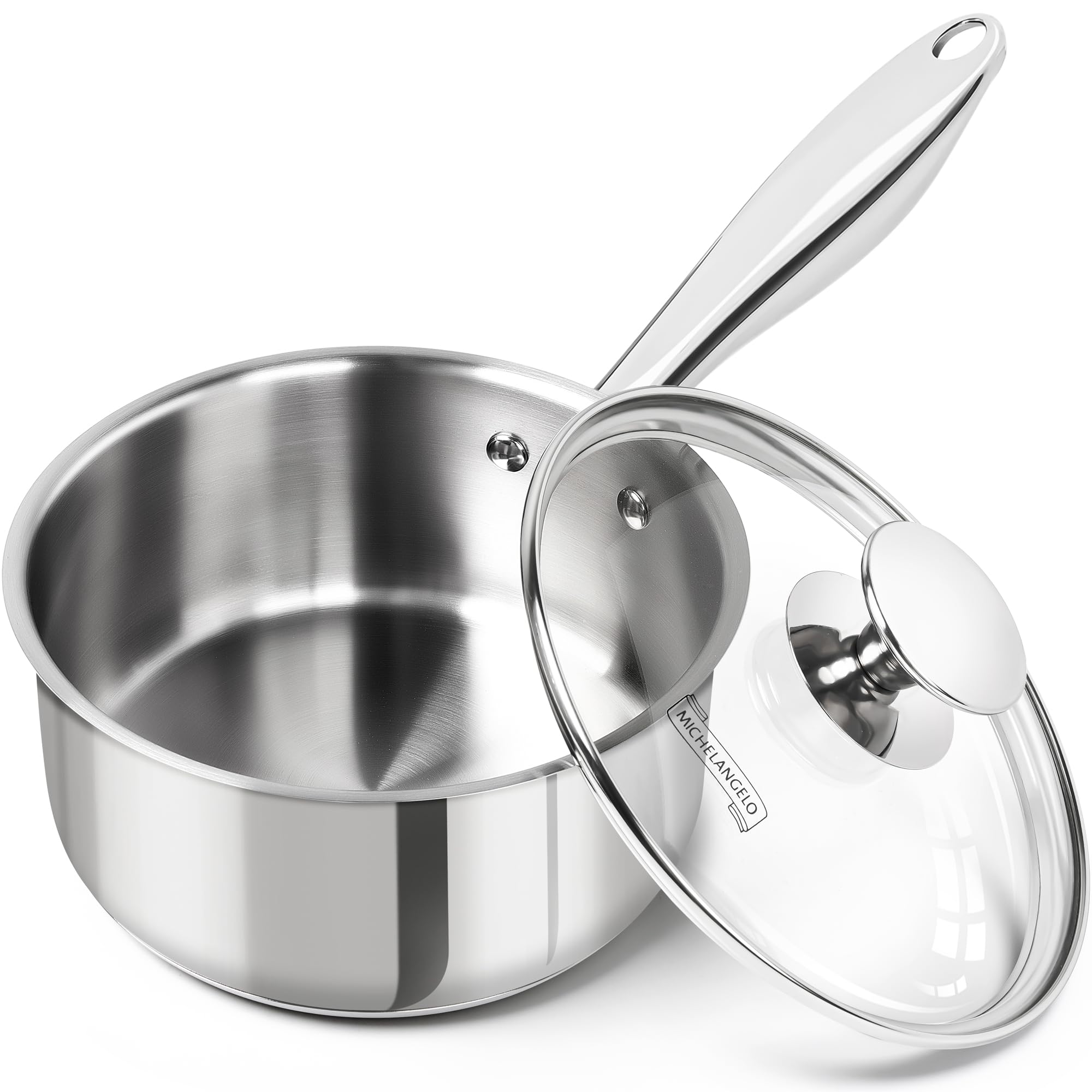 Michelangelo 1.5 qt saucepan with lid seals flavor while heating evenly