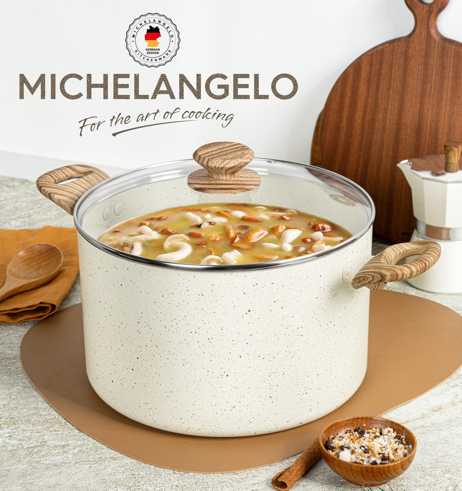 MICHELANGELO stock pot easy-clean surface supports quick rinsing.