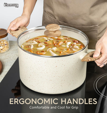 MICHELANGELO 10QT stock pot induction-compatible for versatile stovetop use.