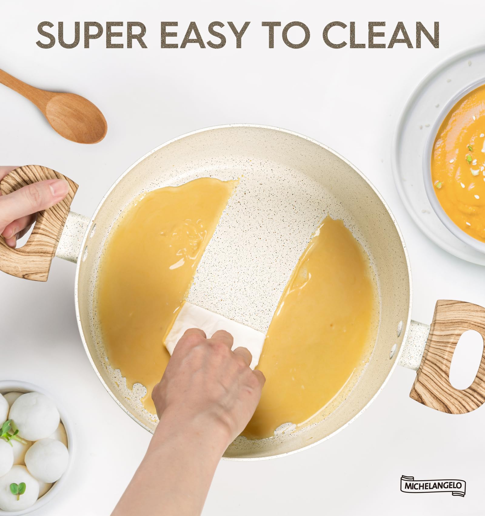 MICHELANGELO stock pot nonstick coating eases cooking and cleaning.