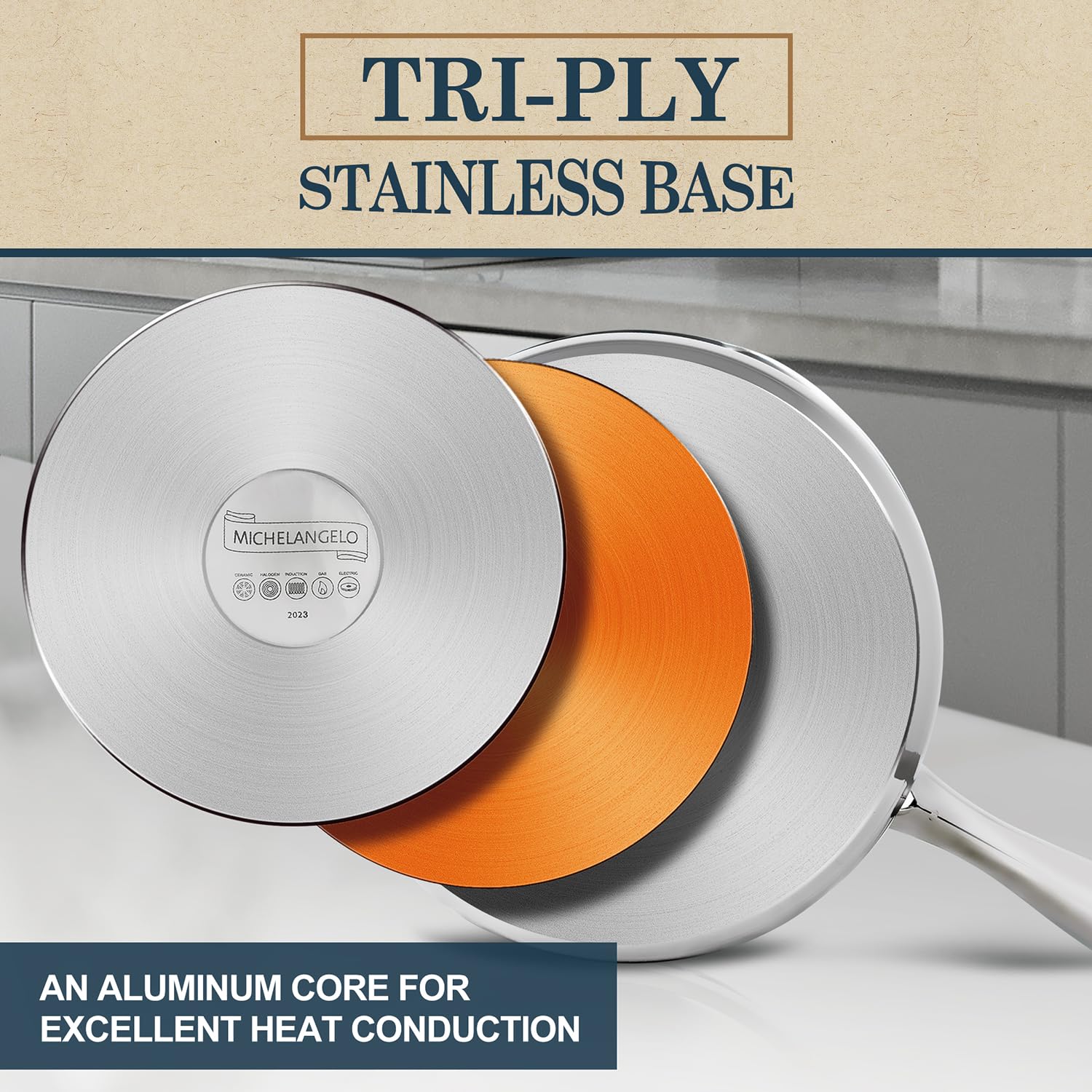 Michelangelo 3qt induction compatible pan for versatile stovetop cooking.