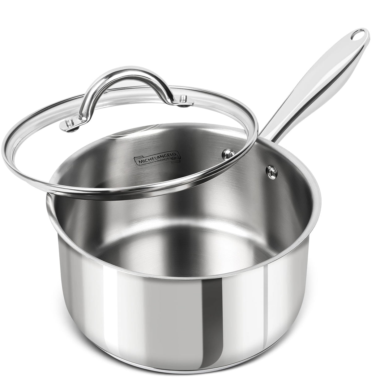 Michelangelo 3qt saucepan with lid, ideal for simmering sauces and soups.