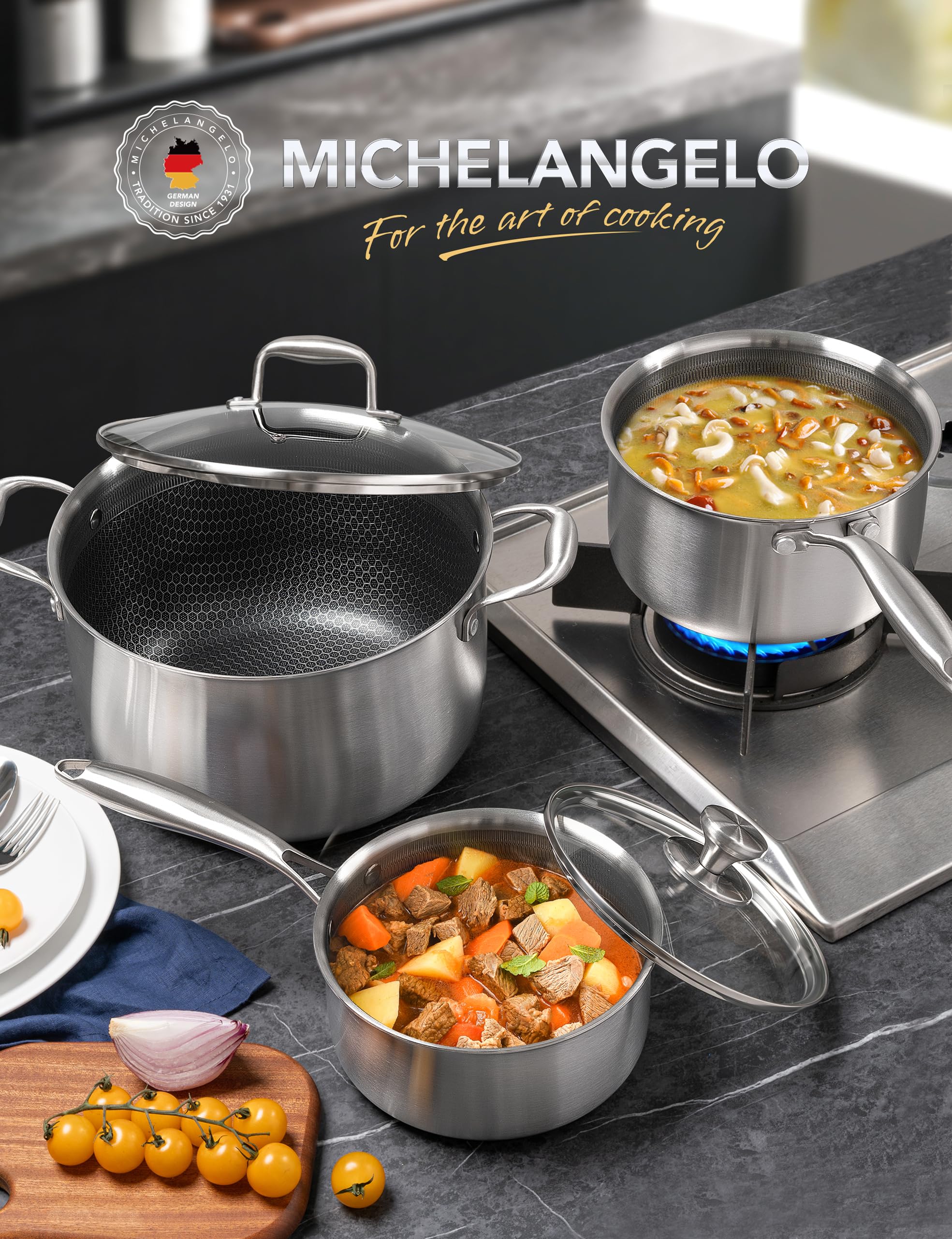 MICHELANGELO 3qt saucepan with lid, ideal for soups and stews.