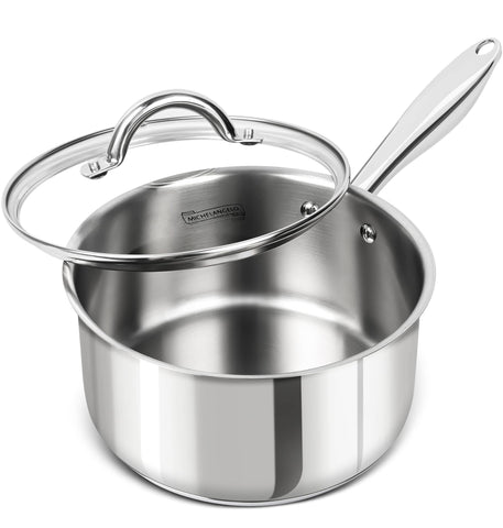Michelangelo 3qt saucepan with lid, ideal for simmering sauces and soups.