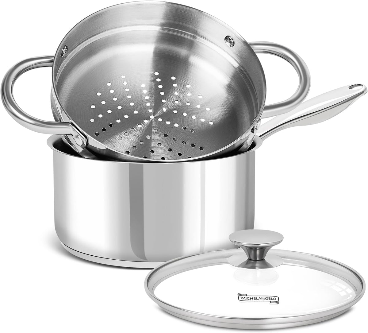 Michelangelo 3qt saucepan with steamer insert for healthy steaming.