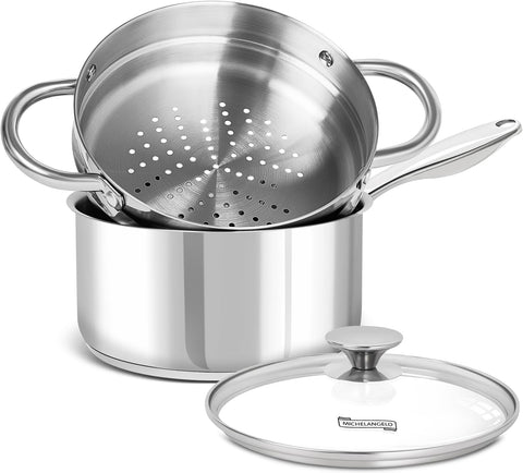 Michelangelo 3qt saucepan with steamer insert for healthy steaming.