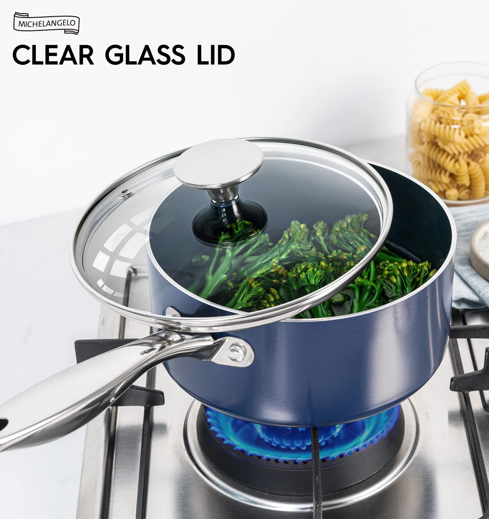MICHELANGELO blue saucepot enhances kitchen aesthetics and decor.