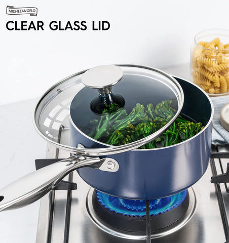 MICHELANGELO blue saucepot enhances kitchen aesthetics and decor.