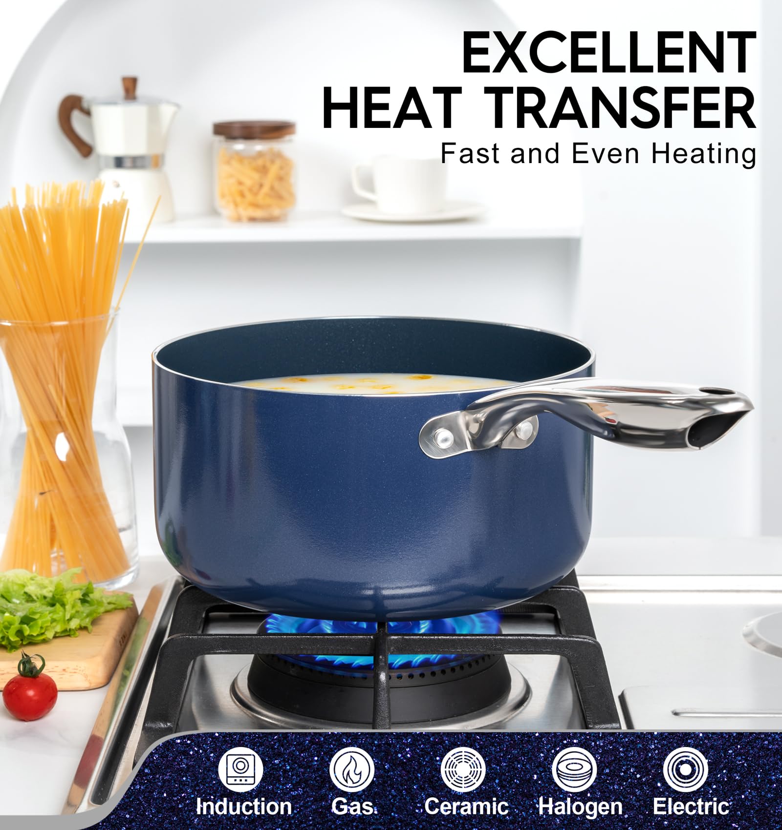 MICHELANGELO 4 Qt saucepan sturdy handle close-up shows comfortable grip.