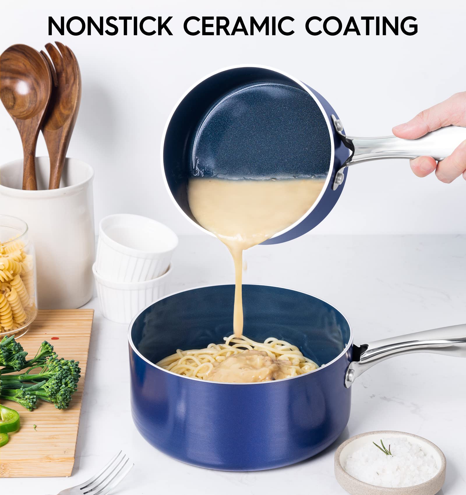 MICHELANGELO 4 Qt saucepan lid view highlights secure fitting.