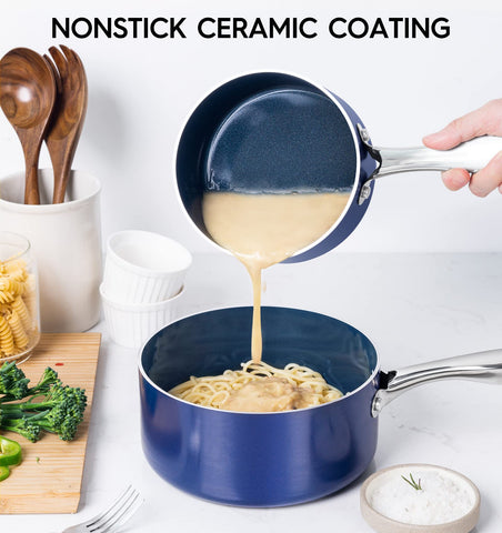 MICHELANGELO 4 Qt saucepan lid view highlights secure fitting.