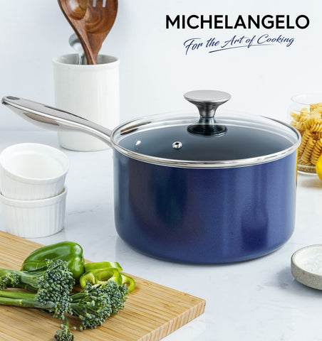 MICHELANGELO 4 Qt saucepan oven-safe up to 350°F for finishing dishes.