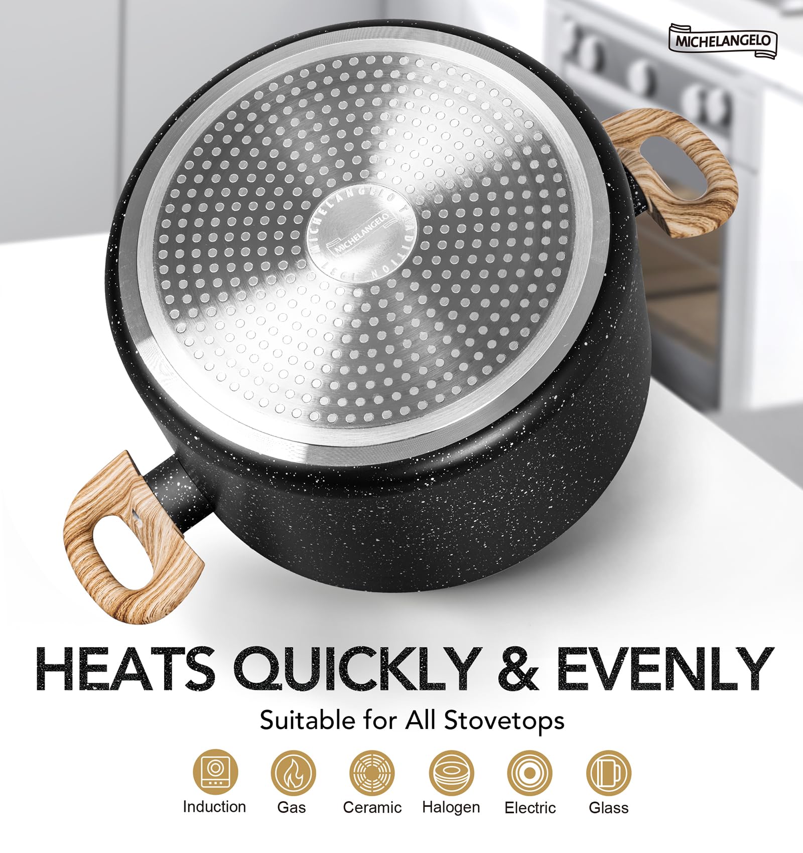 MICHELANGELO stock pot with cool-touch bakelite handles for safe handling