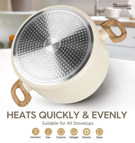 Michelangelo stock pot with ergonomic bakelite handles stay cool during cooking.