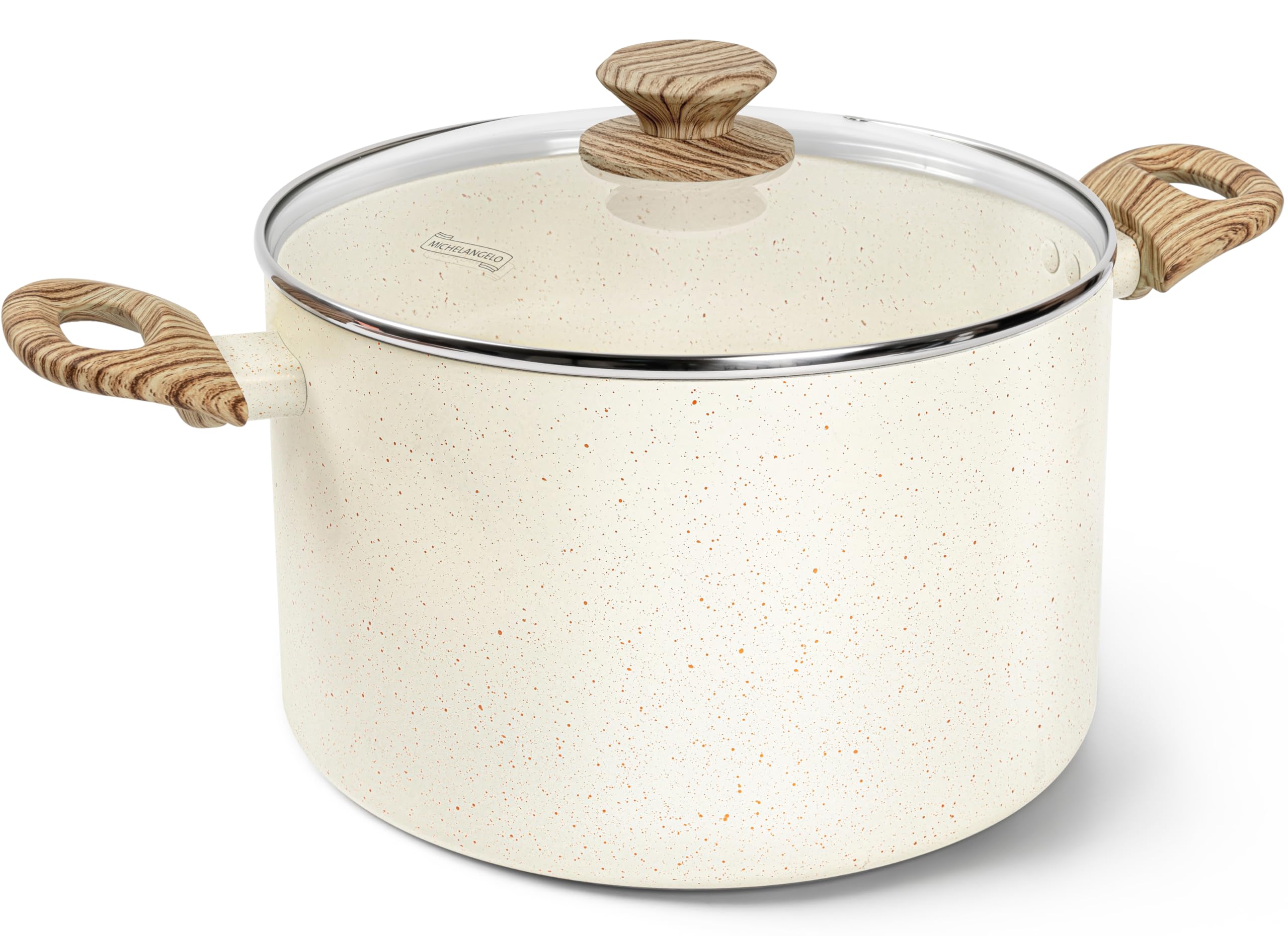 Michelangelo 8 Qt stock pot with lid, durable and ready for family meals.