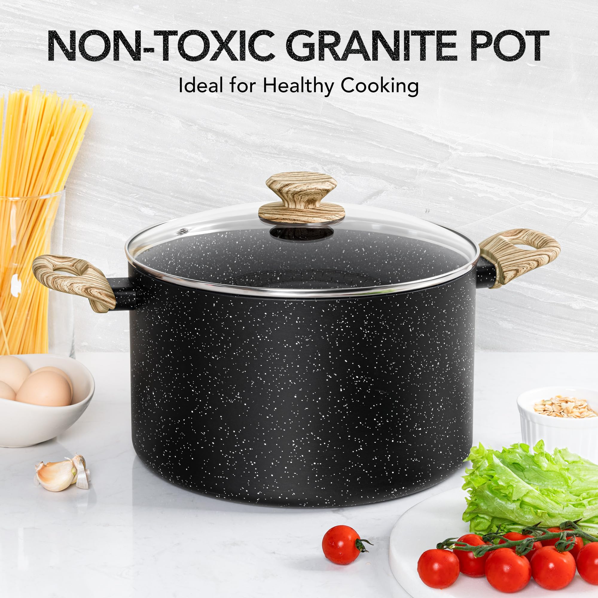 MICHELANGELO stock pot interior shows nonstick surface for easy cleaning
