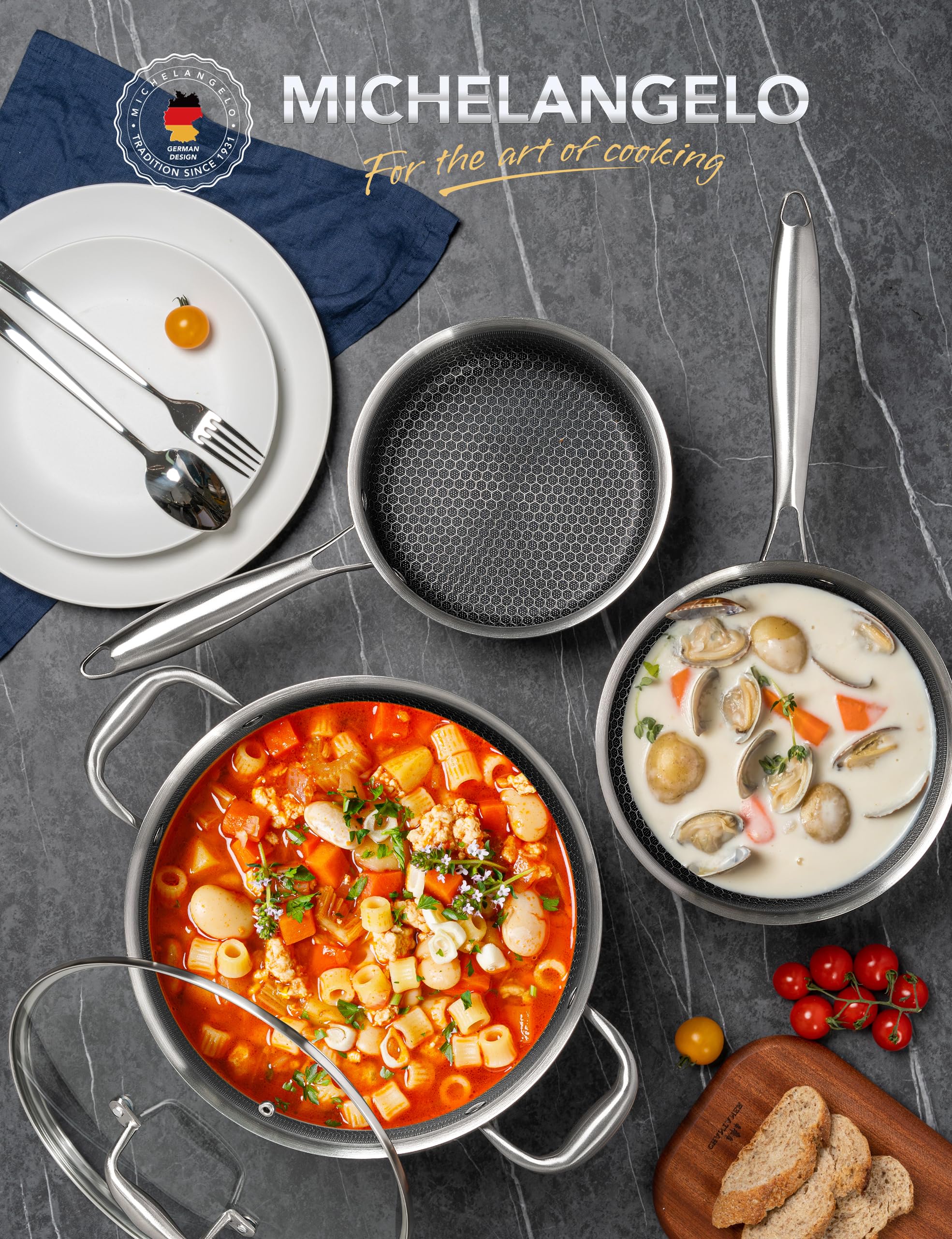 MICHELANGELO 8qt stockpot with lid for large-batch cooking.