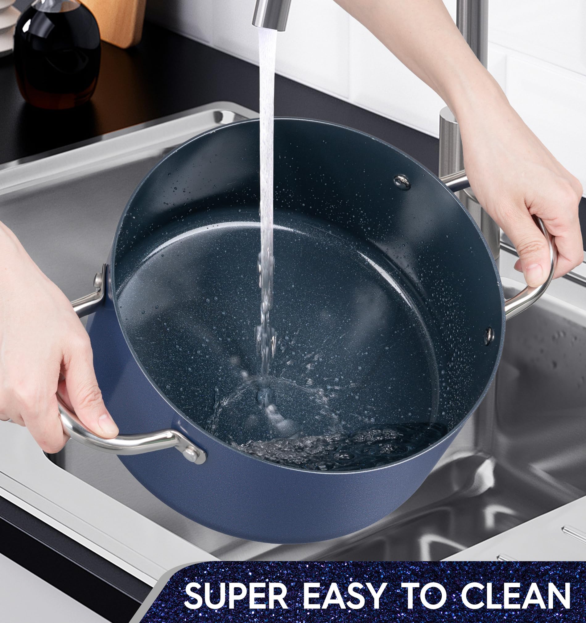 Michelangelo pasta simmering in stock pot shows even heat distribution across the surface.