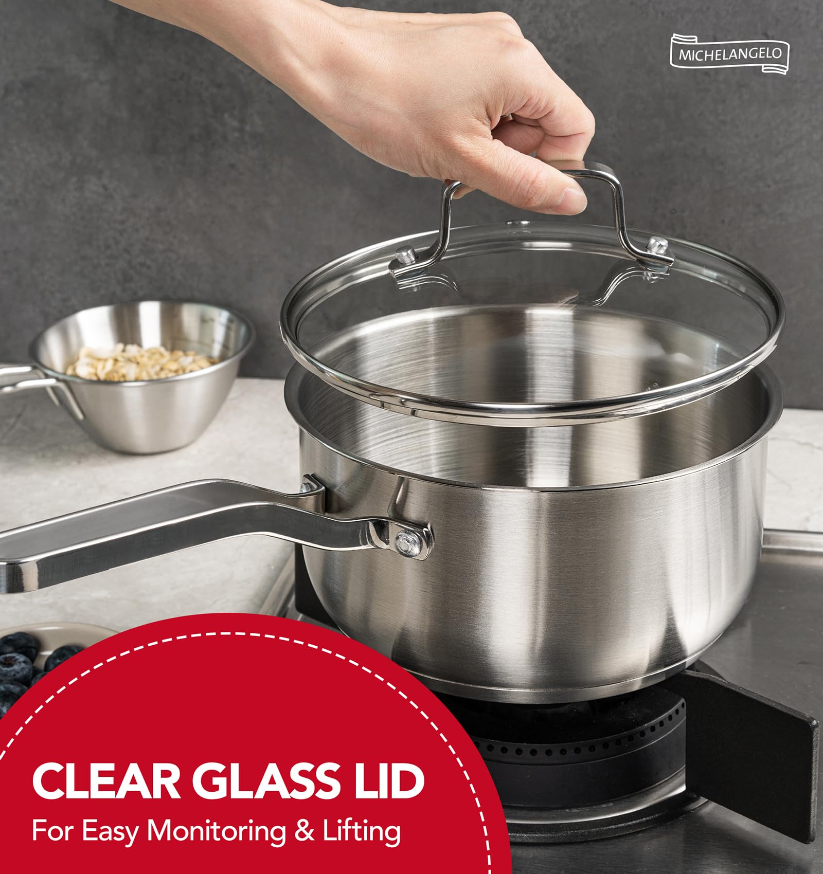 MICHELANGELO cool-grip handle stays safe to touch during cooking.