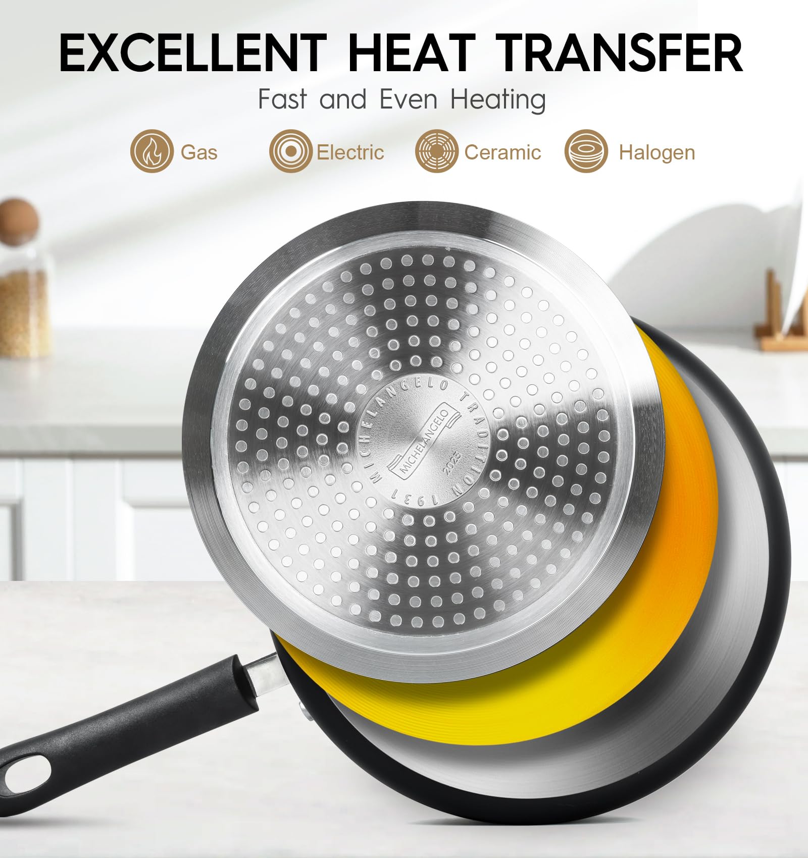 Michelangelo copper-finish nonstick base offers even heating across meals.