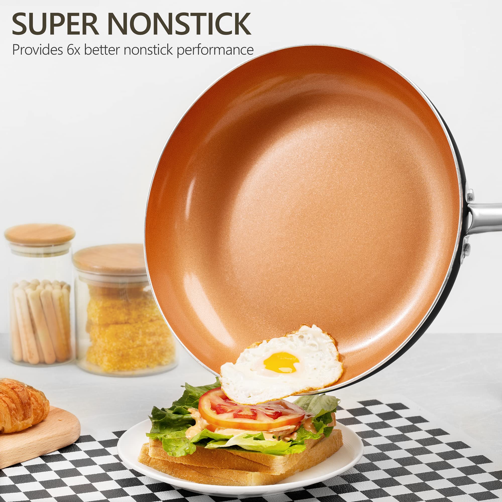 Michelangelo copper nonstick interior enables easy release with less oil.