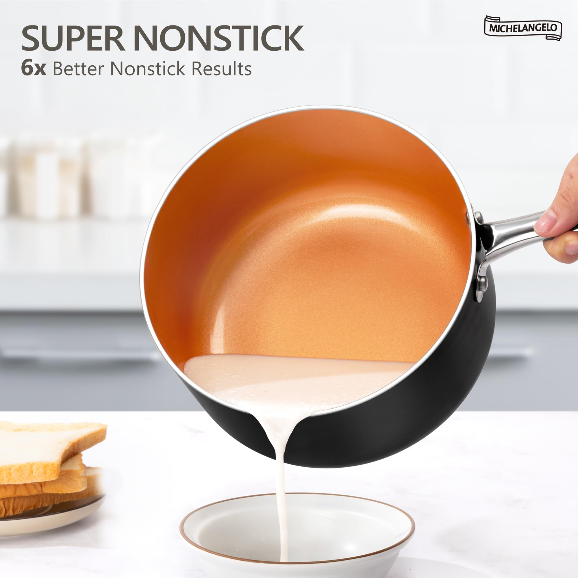 Michelangelo copper saucepan interior coating closeup highlights scratch resistance and easy release.