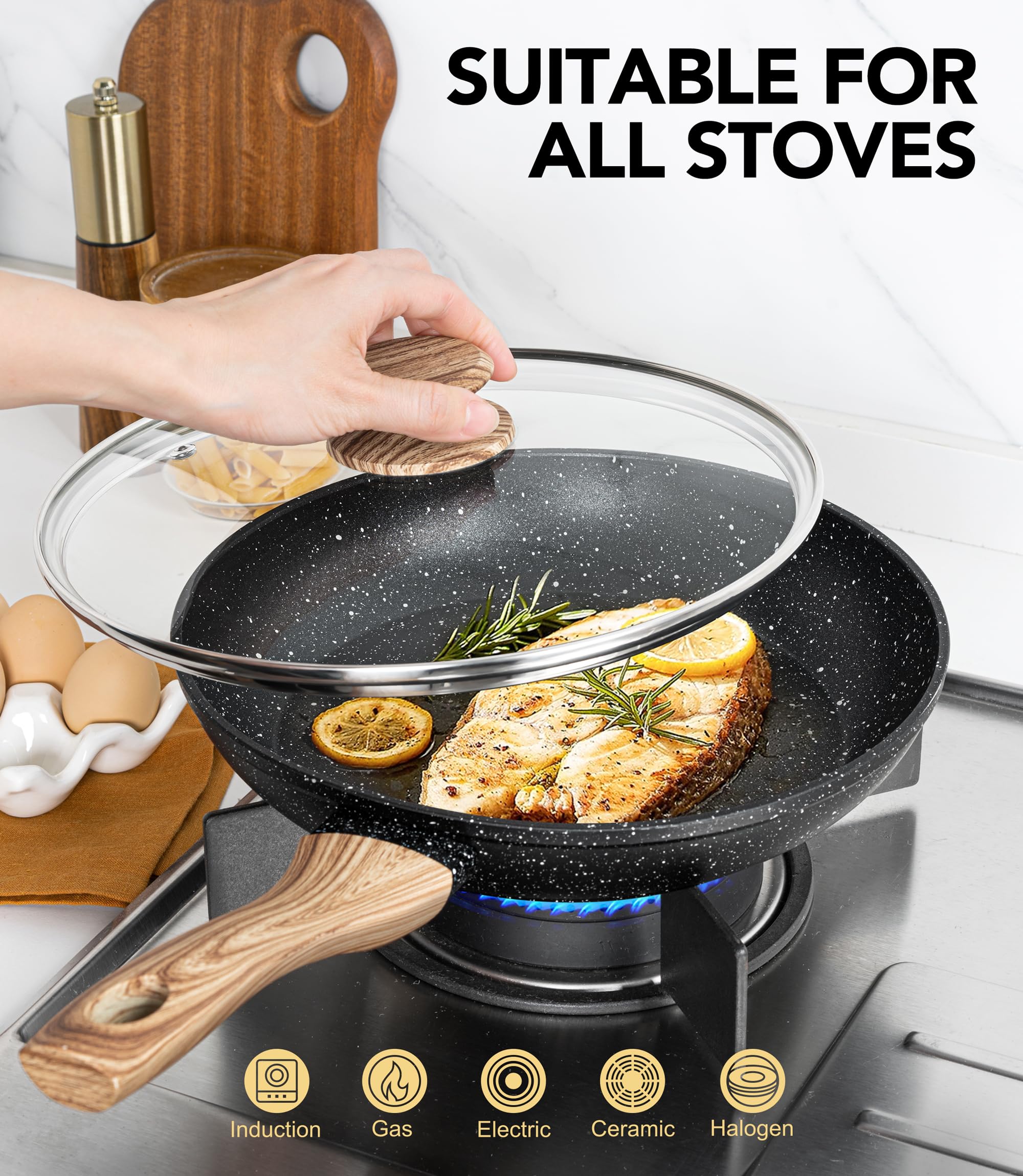 Ergonomic Bakelite handle stays cool while you flip and sear.