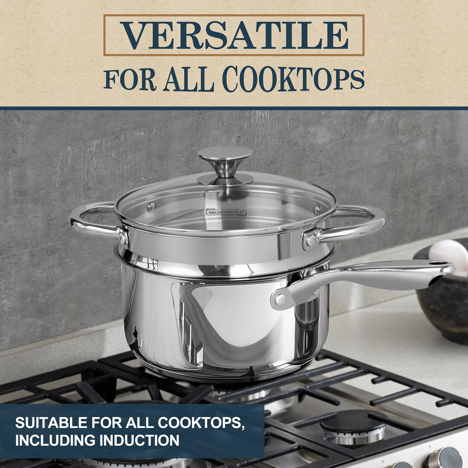 Michelangelo flavor-lock lid preserves aroma and taste during cooking.