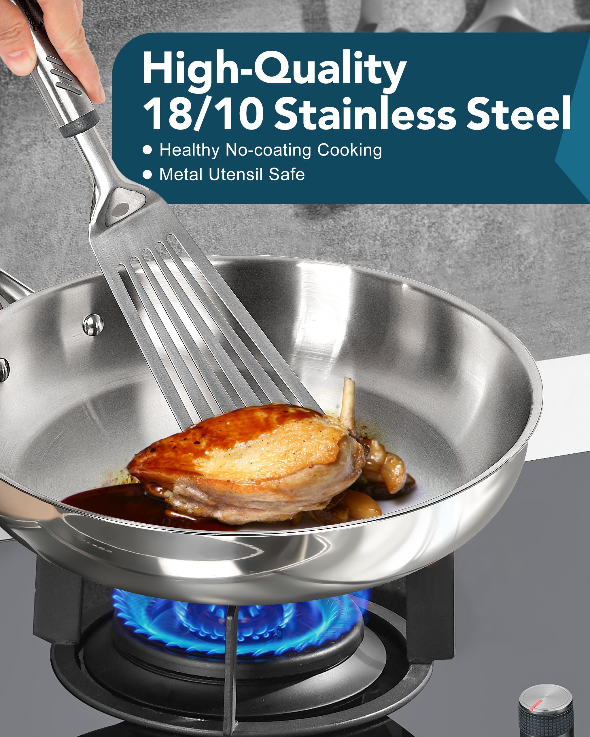MICHELANGELO 11-inch frying pan with ergonomic handle for family cooking.