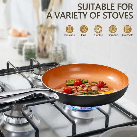 Michelangelo flat-bottom pan sits steadily on induction stoves.