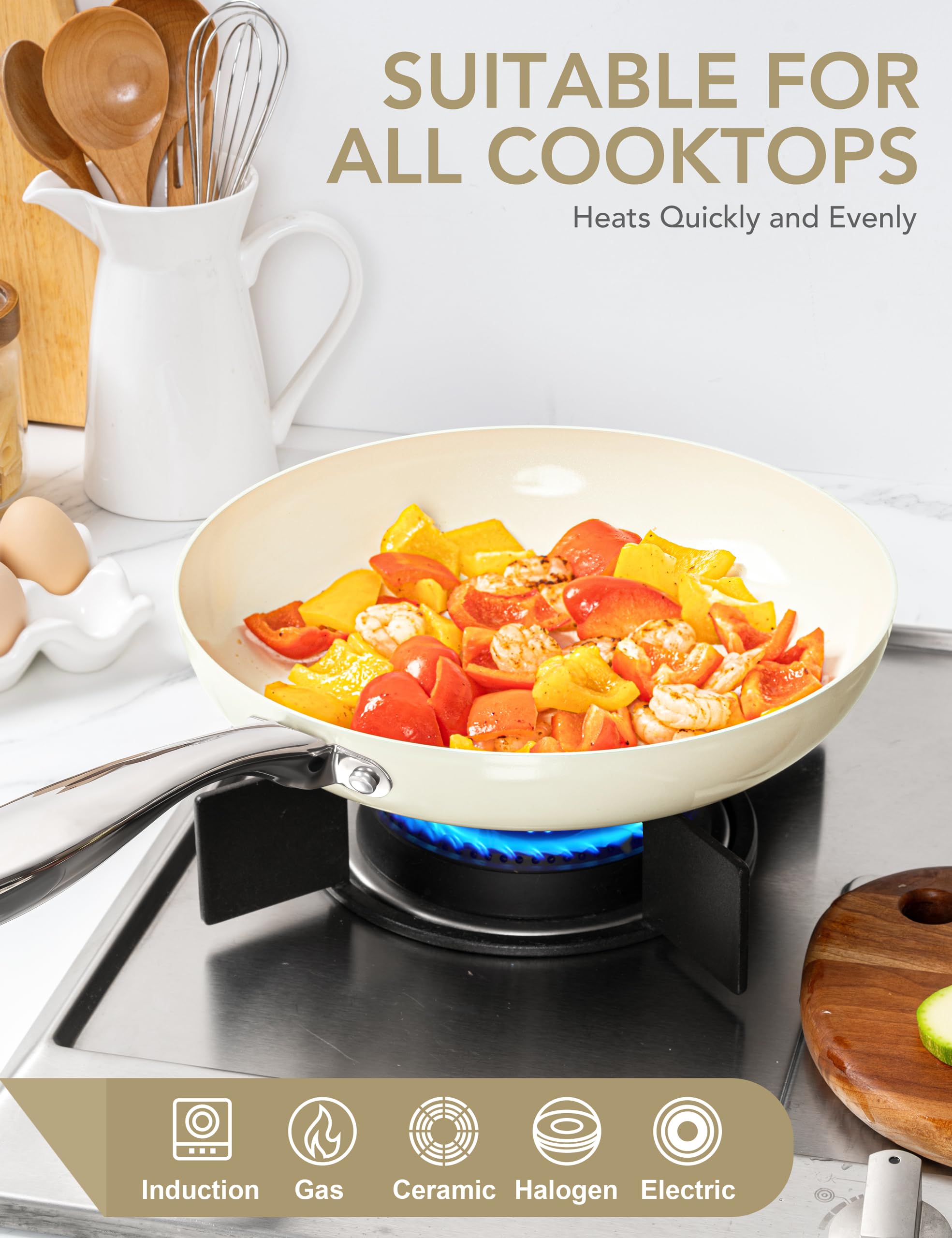 Michelangelo frying pan sautéing vegetables to illustrate healthy, low-oil cooking