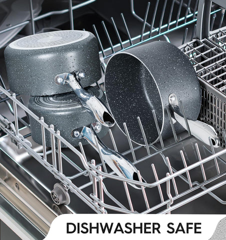 MICHELANGELO granite pan with lid showing oven-safe design up to 350°F.