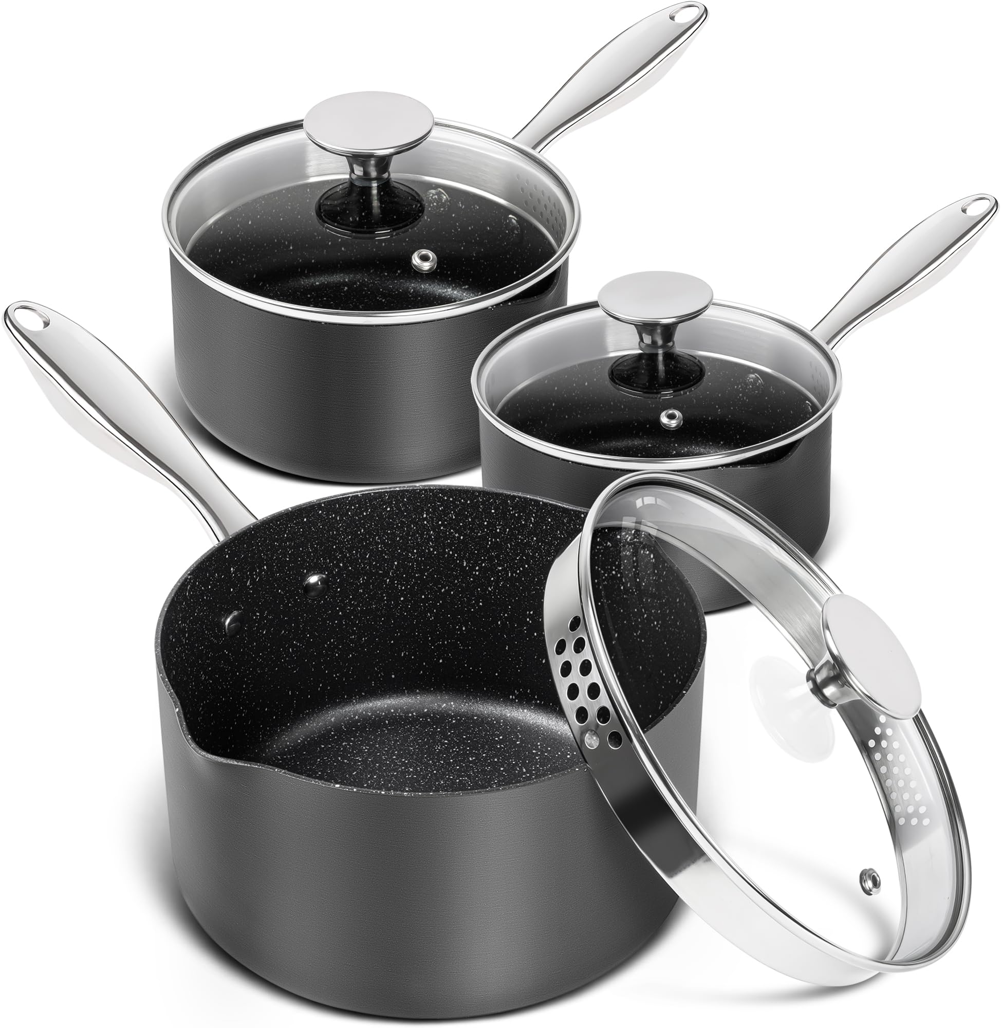 Michelangelo hard anodized saucepan set in three sizes for even heating and durability.