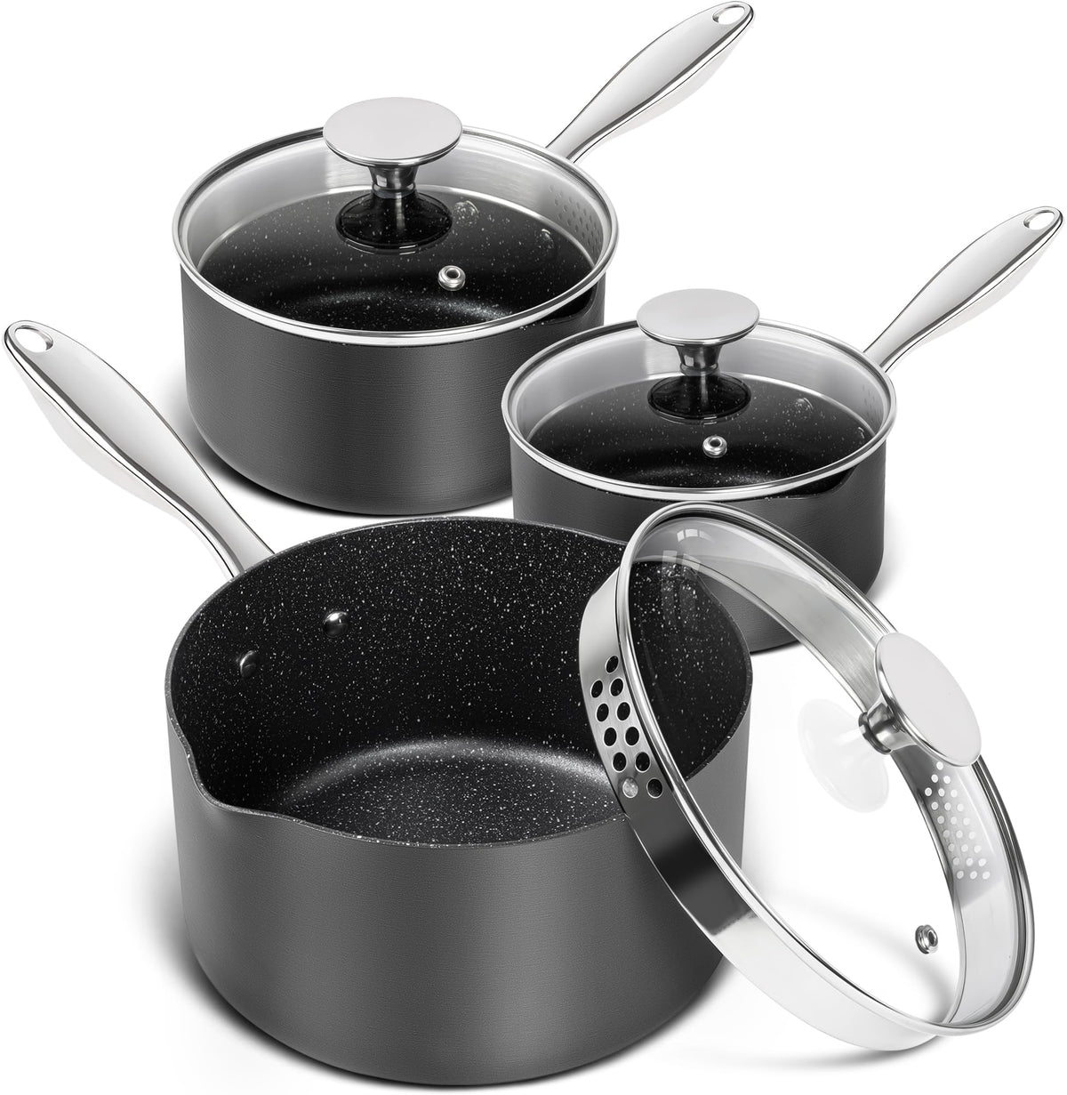 Michelangelo hard anodized saucepan set in three sizes for even heating and durability.
