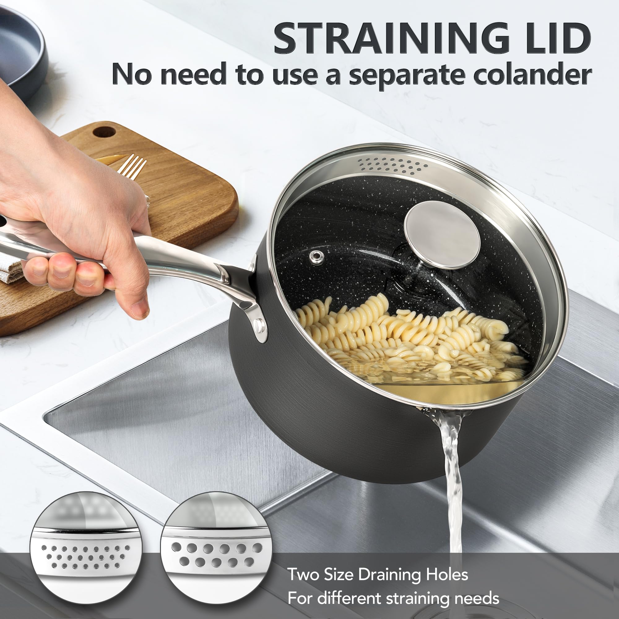 Michelangelo 3qt saucepan designed for larger portions and steady heat distribution.