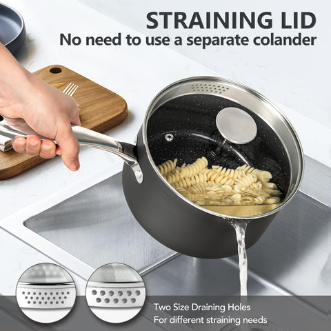 Michelangelo 3qt saucepan designed for larger portions and steady heat distribution.