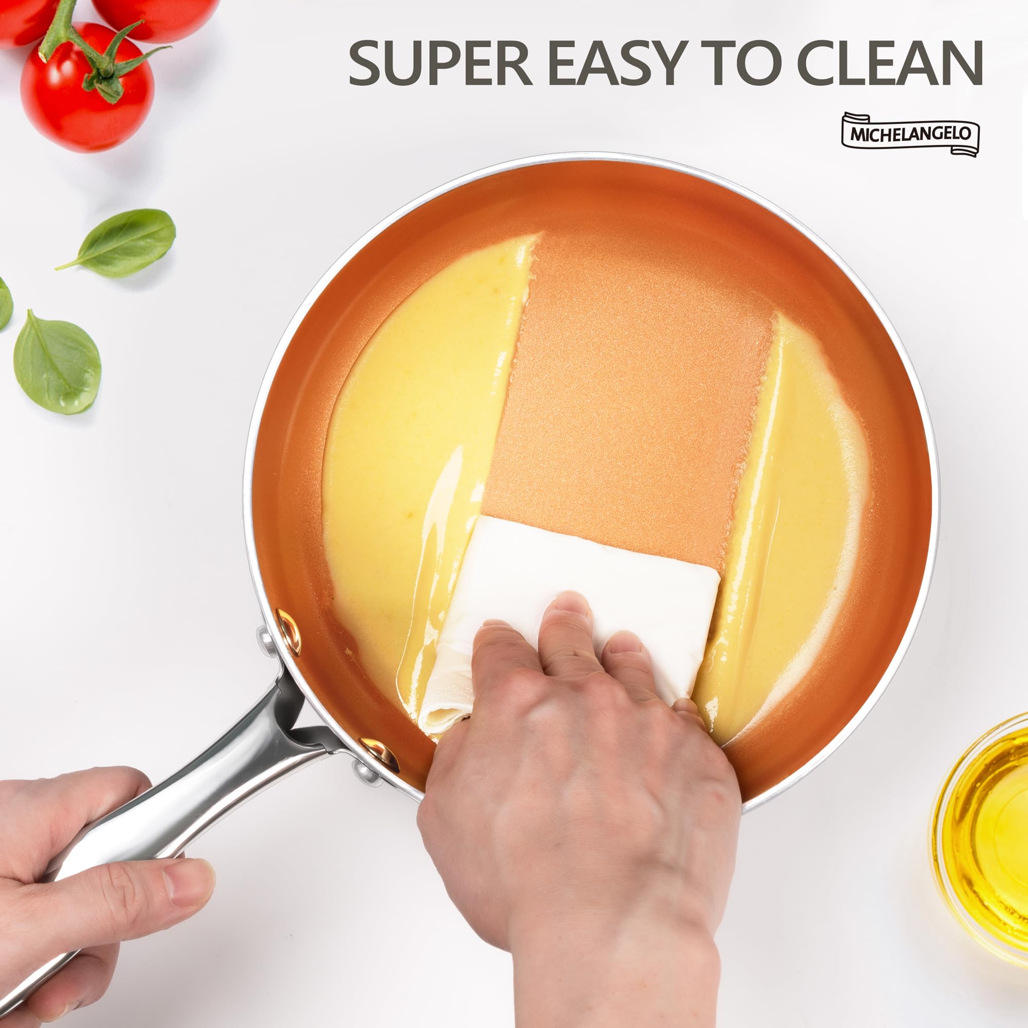 Michelangelo heat-resistant glass lid lets you monitor food while sealing flavors.