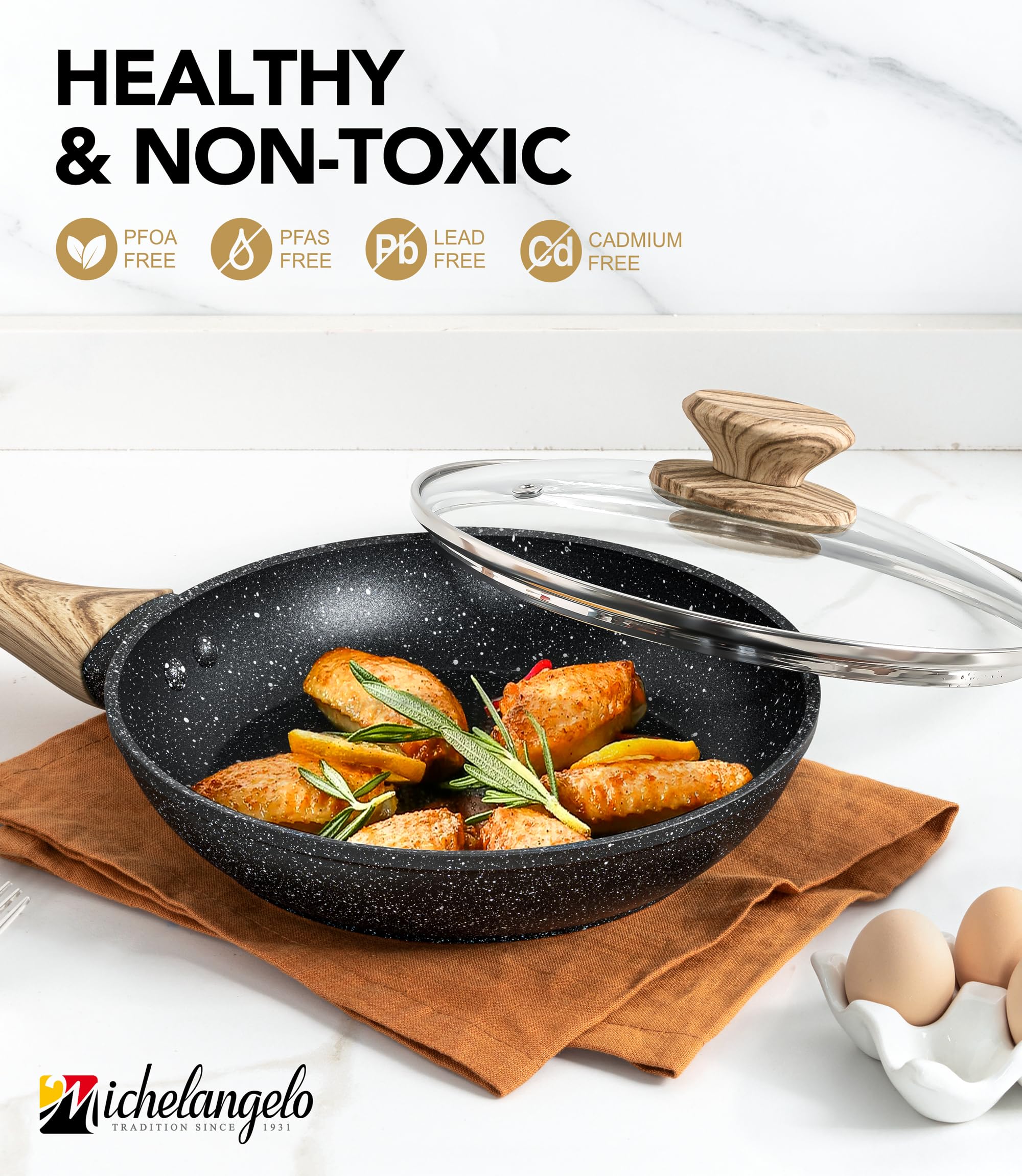 Induction-compatible design for versatile stovetop use with Michelangelo.