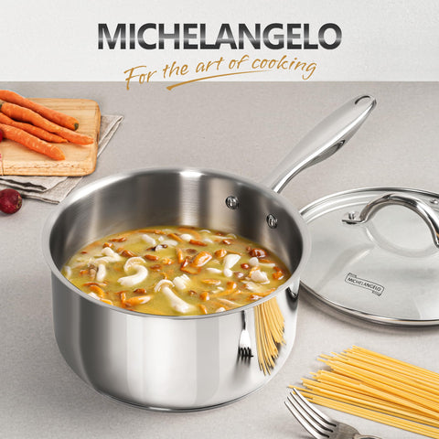 Michelangelo induction-compatible saucepan works on induction cooktops and other heat sources.